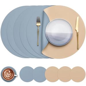 Myir JUN Round Placemats Set of 6 Faux Leather Place Mats and Coasters 15 inch Round Table Mats Dual Sided Non-Slip Stain Resistant Placemats (Camel Yellow & Blue, Set of 6)
