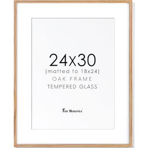 Fun Memories 24x30 Oak Wood Picture Frame, 24"x30" Poster Frame for Wall, Rustic Wood Frame 24x30 with Real Glass, 24 x 30 Frame with Mat for 18 x 24, Large Art Frames (Beige Oak Color, 1 Pack)