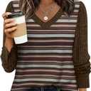 WIHOLL Sleeve Patchwork Shirts for Women Loose Fit V Neck Fall Outfits 2025 Trendy Sweaters Casual Tunic Tops (S)