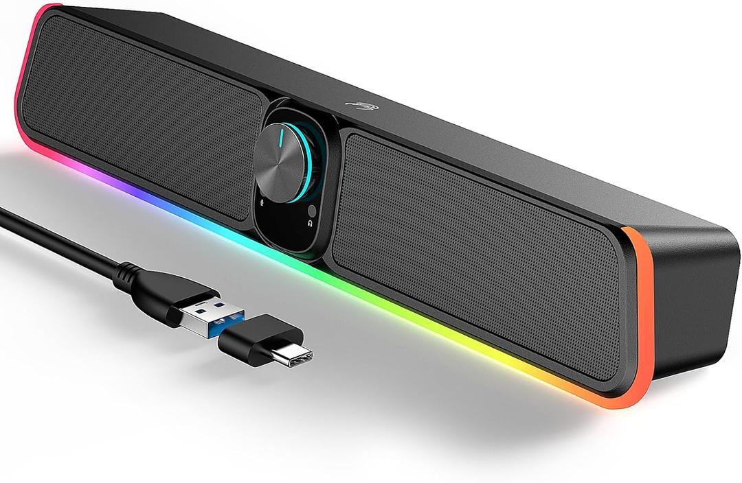 Computer Speakers - Wired USB Powered Bluetooth Computer Sound Bar with RGB & Volume Knob, HiFi Stereo Portable Gaming Sound Bar Speaker for Desktop Monitor, PC, Laptop, Tablets, Mac Air/Pro (E-3568 Black, Black)