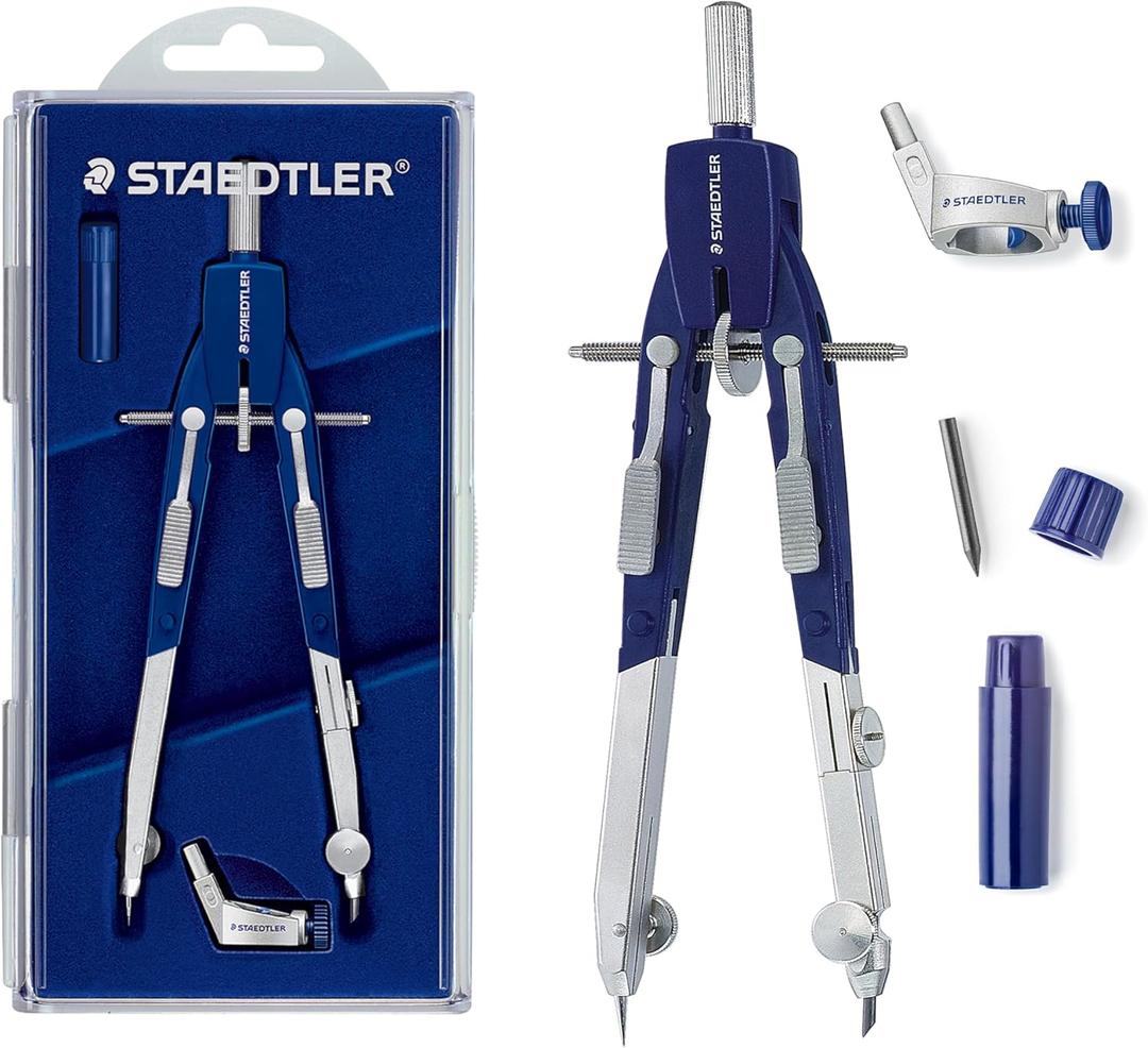 STAEDTLER Comfort Metal Quick Setting 6" Compass 2 Piece Set: Universal Adapter, Push-Button Mechanism & Extra Leads - Draws Circles up to 350mm
