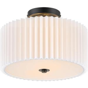 VONLUCE Semi-Flush Mount Ceiling Light, 12.2" Modern 2-Light Ceiling Light Fixture with White Pleated Drum Shade 2 E26 Sockets for Bedroom Entryway Living Room, Black Finish, ETL Certificated