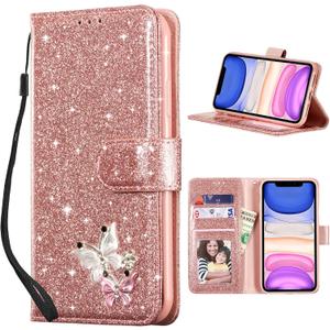 UEEBAI Wallet Case for iPhone 11, Glitter PU Leather Phone Cover Card Slots Kickstand Wallet Magnetic Closure Bling Flip Case Shockproof Hand Strap Flip Cover - Rose Gold
