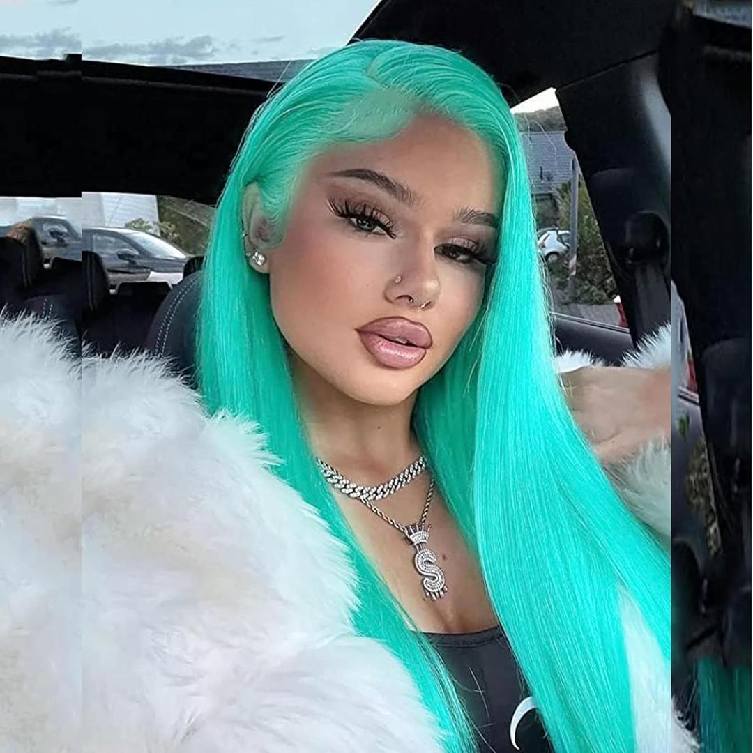 Mint Green Wigs for Black Women Synthetic Hair Straight Colorful Synthetic Lace Front Wig Long Blue Light Green Glueless Lace Wigs Mint Frontal Real Hair Wig 22 Inch Cosplay Daily Use