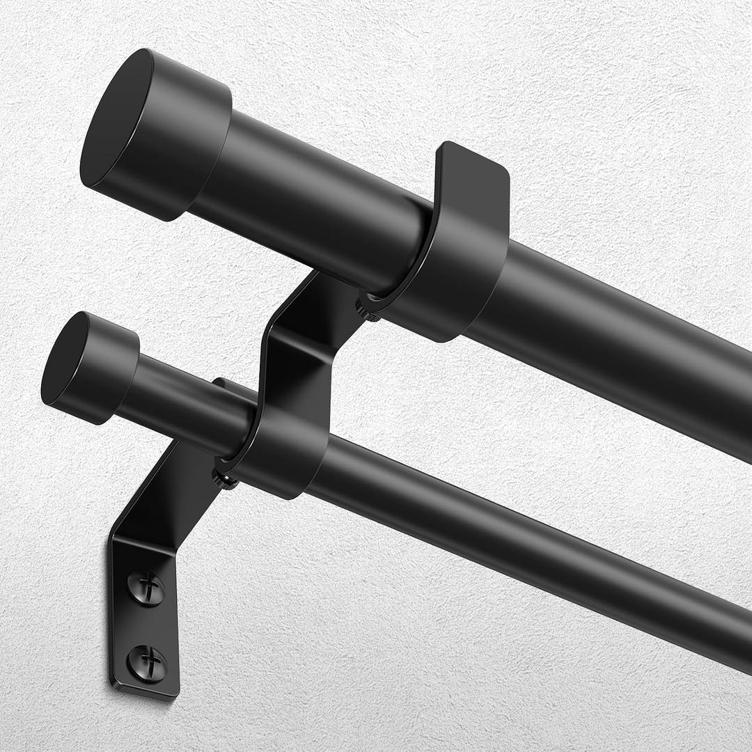 Black Double Curtain Rod, 36 to 72 Inch Dual Curtain Rods with Aluminium Modern End Cap Finials, 1 Inch Adjustable Heavy Duty Window Treatment Rods, Telescopic Metal Double Drapery Pole Set