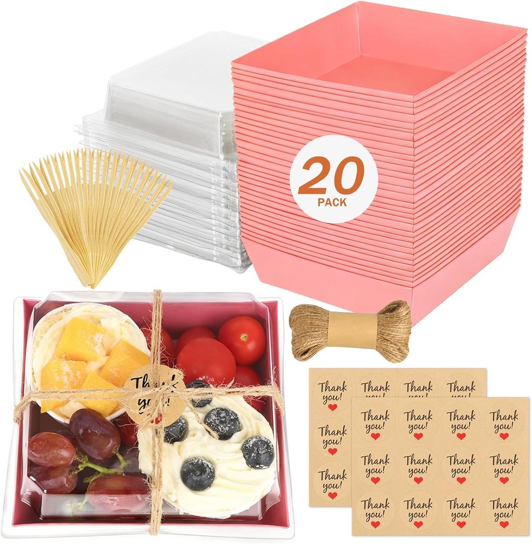 20Pcs Small Charcuterie Boxes with Clear Lids - Paper Mini Charcuterie Boxes To Go, Disposable Food Container with Lid, Dessert Boxes for Sandwich, Cookie, Sushi, Cake Slice, and Strawberries, Pink