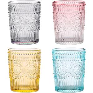 Amzcku Colored Drinking Glasses Set of 4, Vintage Glassware 10 oz- For Cocktails, Mixed Drinks, Whiskey, Beverage, Water, Milk and Juice (colored Flower Tumbler)