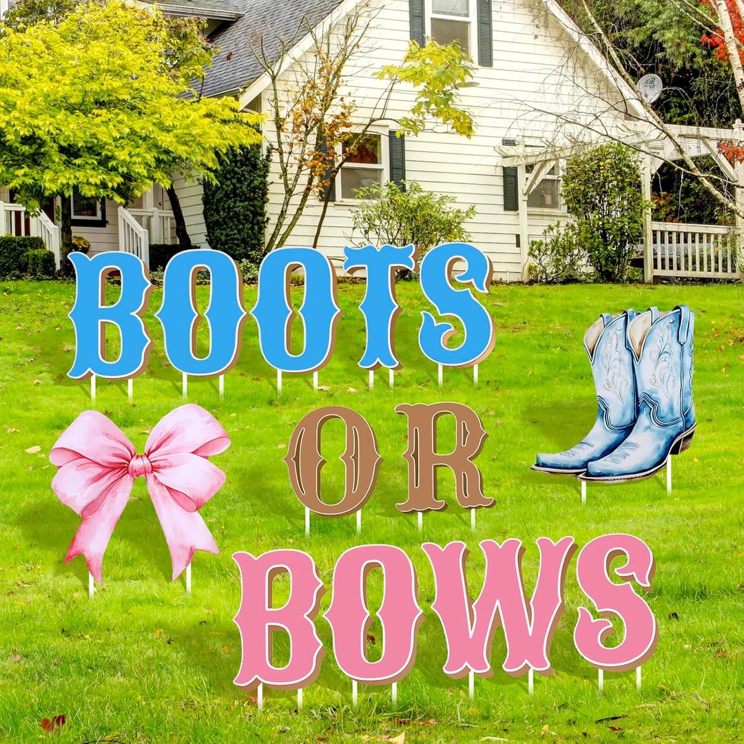Whaline 13 Pcs Gender Reveal Party Decorations Baby Shower Yard Signs with Stakes Boots or Bows Gender Reveal Ideals Lawn Signs for Indoor Outdoor Garden Party Supplies Decor
