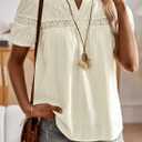 Womens Tops V Neck Short Sleeve Blouses Casual Flowy Button Up Shirts Embroidered Lace Boho Clothing Trendy (XXL)