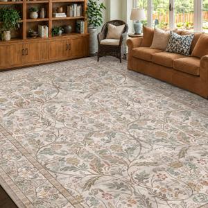 Large Moss Green 9x12 Area Rug for Living Room, Soft Non Slip Stain Resistant Floral Rug for Bedroom Big Dining Room, Light Brown Taupe Home Decor