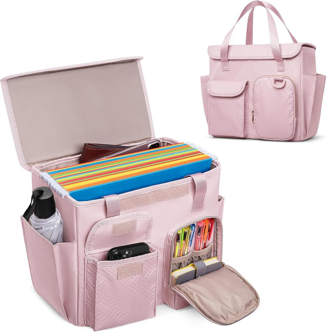 Hanging File Organizer Box with Lid, Portable Document Organizer Bag with Handle, Suitable for Letter Size Hanging File Folders, Pink