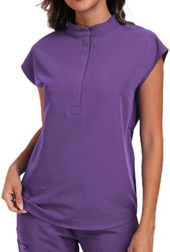 VECARDI Women's Scrub Top 4 Way Stretch Shirts Zipper Up Work Blouse Short Sleeves Top with Two Pockets