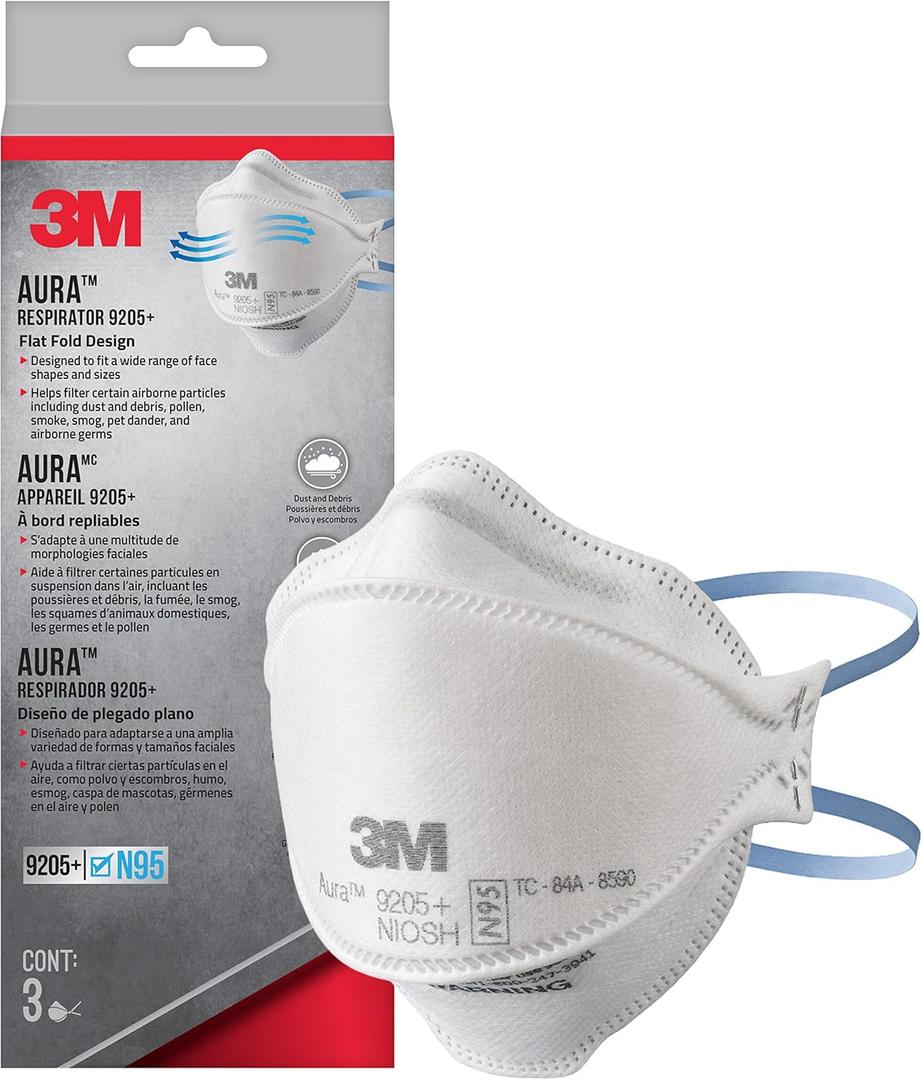 2 x 3M Aura Particulate Respirator 9205+ N95, Lightweight, 3 Panel Designed Helps Provide Comfortable and Convenient Respiratory Protection, 3-Pack