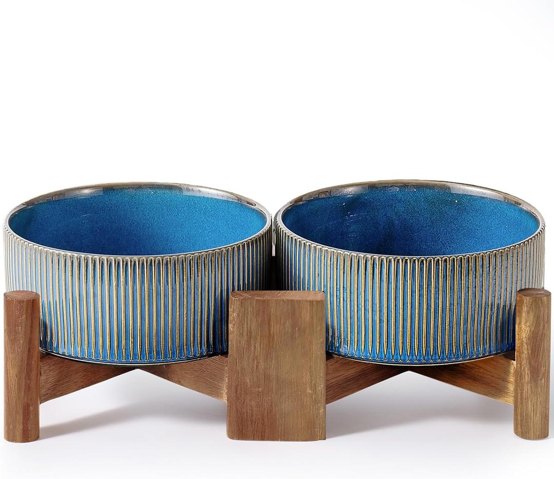 Getstar Ceramic Dog Bowls Set with Acacia Wood Stand, 3.5 Cups Pet Bowls Set of 2 for Medium Dogs, Cute Dog Food Bowl, Cat Bowls (Vintage Blue)