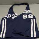 Milumia Women Graphic Jersey Shirts Backless Halter Top Sexy Deep V Neck Sleeveless Crop Tops Streetwear (Medium, Blue)