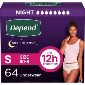 Depend Night Defense Adult Diapers, Incontinence & Postpartum Bladder Leak Underwear for Women, Disposable, Overnight, Small, Blush, 64 Count (4 Packs of 16)