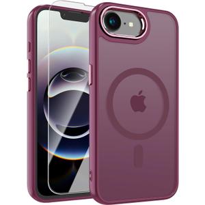 WRJ Case for iPhone 16e with Screen Protector, Magnetic Translucent Phone Case for Women Men [Compatible with Magsafe] Slim Anti-Fingerprints Shockproof Protective Cover-Red Wine