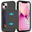 Pilaru for iPhone 13 Case with Card Holder【2 Pcs HD Screen Protector】 i Phone 13 Case Slim Heavy Duty Dual Layer Shockproof Design【Hidden Card Slot 】 Wallet Case for iPhone 13 Phone Case -Black