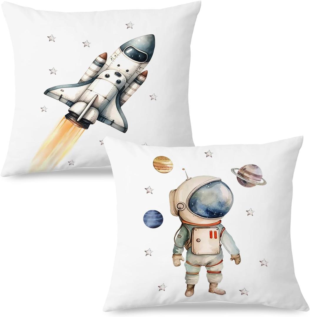 Space Nursery Decor Pillow Covers 18x18 Set of 2,Kids Space Room Bedroom Decor for Boys Room, Astronaut Spaceship Decorative Pillow Covers