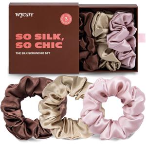 Wycare 100% Silk Scrunchies - Gentle on Hair Mulberry Silk Scrunchies for Women - Luxurious Sleep Ties for Women's Curly Hair (Set of 3 Nude)