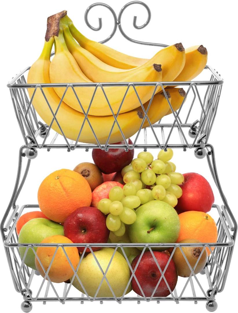 Sorbus Fruit Basket Display Stand, 2-Tier, for Vegetable, Fruit & Bread Counter Storage for Kitchen, Bathroom, Rectangular Antique Metal (Silver)