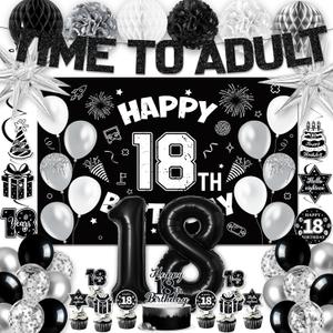 18th Birthday Decorations for Boys Girls, Black 18th Birthday Supplies Include Time To Adult Banner Happy 18th Birthdays Backdrop Cake Topper for 18 Year Old Birthday Decor