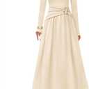 MEROKEETY Women's 2025 Fall Long Sleeve Midi Dress Elegant Boat Neck Ruched Swing Cocktail Party Dresses (Beige, S)