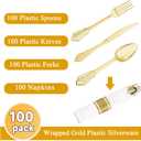 Nervure 400PCS Pre Rolled Gold Plastic Silverware Sets - Heavy Duty Fancy Gold Cutlery - Include 100 Pack Wrapped Disposable Utensils with Napkins for Parties, Dinners & Weddings