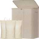 Lifewit 185L Large 3 Section Laundry Hamper with Lid, Plastic Laundry Basket with Bamboo Handles and Removable Bags, Tall Foldable Clothes Hamper for Bathroom Bedroom, Beige