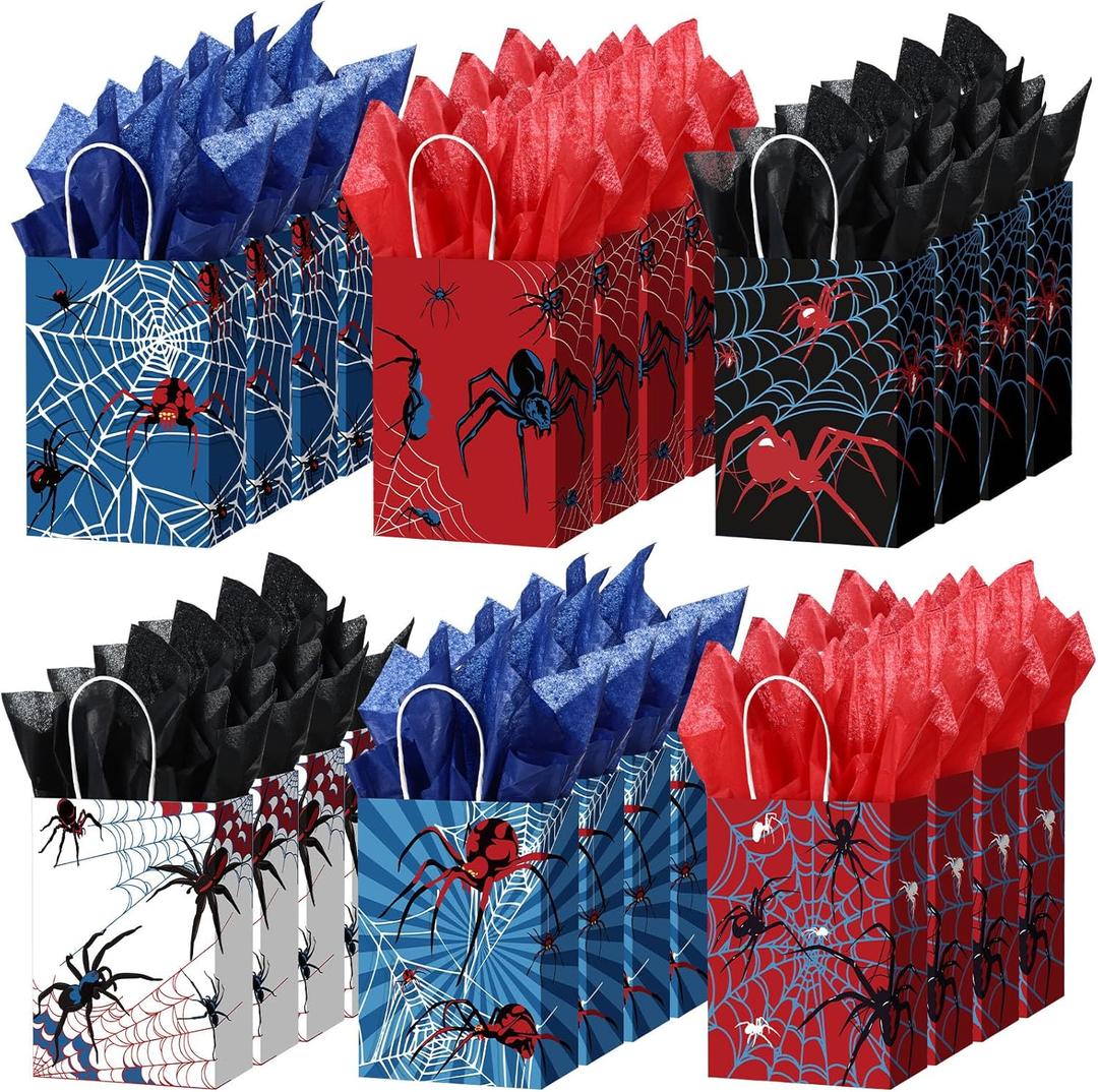 Epakh 24 Pcs Spider Gift Bags Medium Size with Tissue Paper Red Black Blue Wrapping Paper Gift Bags with Handles for Boys Men Birthday Holiday Presents