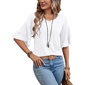 Sialois Womens Blouses Ruffle Sleeve Top V Neck Shirts Casual Outfit Bell Sleeve Cute Tee Spring Fall Summer Fashion Clothes (White, M)