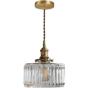 Glass Hanging Lights One-Light Vintage Pendant Light Fixtures with Clear Striped Glass Shade Mid Century Modern Gold Adjustable Cord Pendant Light for Living Room Dining Room Hallway