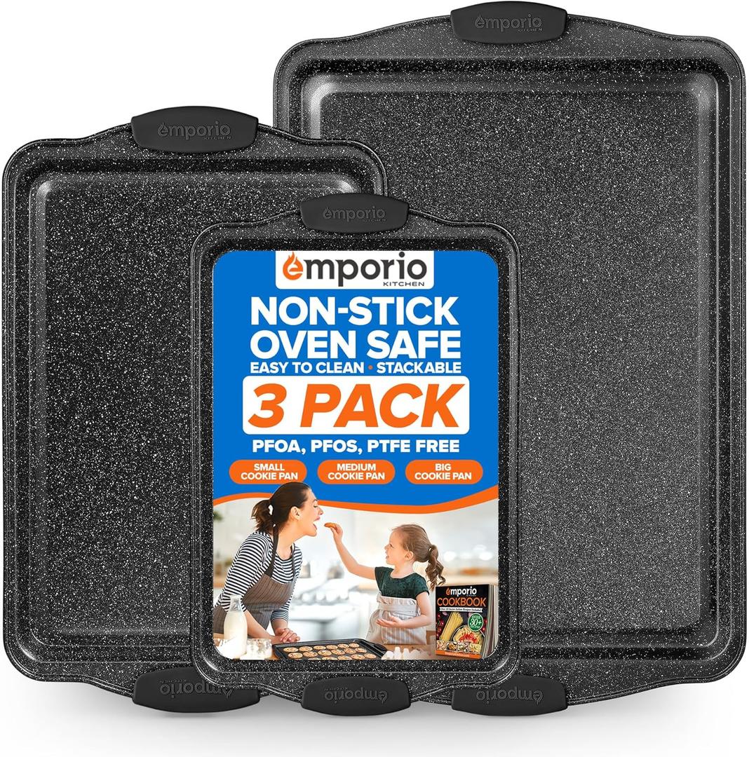 Baking Pan Set - Nonstick Coating, Carbon Steel Bakeware Sets with Gray Silicone Handles, PFOA, PFOS, PTFE Free, Recipe Booklet Included, Oven Safe Tray (Up To 450 F), Set of 3 - Gray