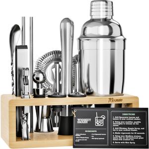 Mixology Bartender Kit with Stand - 15 Piece Bar Tool Set, Silver Bar Set Cocktail Shaker Set for Drink Mixing - Includes Martini Shaker, Jigger, Strainer, Bar Mixer Spoon, Tongs | Gift Idea (Natural)
