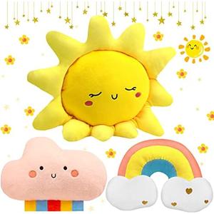 Queekay Set of 3 Kid Moon Star Cloud Cushion Soft Plush Pillow Nursery Stuffed Throw Cushion Children Cute Pillow for Baby Room Reading Nook Decorations Gifts(Rainbow, Cloud, Sun)