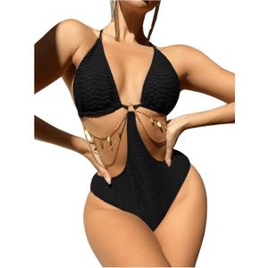 OYOANGLE Women's Chain Linked Cut Out Halter One Piece Swimsuit Tummy Control Bathing Suit (Medium, Black)