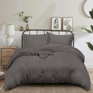 Striped Pattern Duvet Cover Set 3PC| Twin Size(68"X90")| Organic Cotton|1000 TC| Zipper Closure| Corner Ties| Skin Friendly| Breathable| Very Soft| Dark Grey