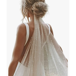 Pearl Wedding Veil Short Bridal Veil White Mini Veils Non-slip Fingertip Tulle Hair Accessory for Brides Women Bridal Shower Bachelorette Party 114inch