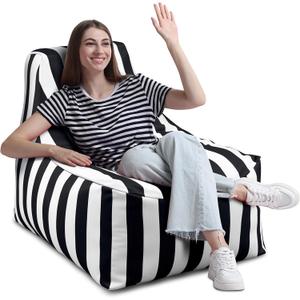 Briwooody 1 Pcs Black Outdoor Bean Bag Chair for Adults, Waterproof Patio Bean Bag Lounger with Washable Removable Cover, Striped Floor Chair for Balcony, Deck, Poolside, Boat, Marine, Garden (White)