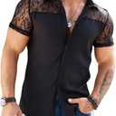 WDIRARA Men's Lace Mesh Button Down Shirts Short Sleeve Collared Party Shirt Summer Tops, M
