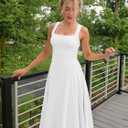 Kaximil Women's Square Neck Corset A Line Maxi Dress Ruffle Ruched Waist Flowy Long Dresses (White, L)
