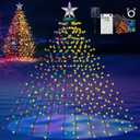 Solar Christmas Tree Lights with Star Topper, 410 LED 6.6FT x 16 Lines Christmas String Lights with 19 Models Timer Remote, Waterfall Tree Lights USB Powered for Xmas Tree(Warm White & Multi-Colored)