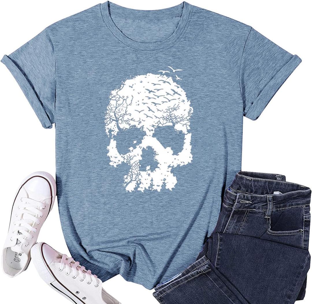 Skull Shirts for Women Gothic Skeleton Print Vintage Graphic Casual Cotton Tops Funny Workout Athletic Shirts (Medium, Ink Blue)