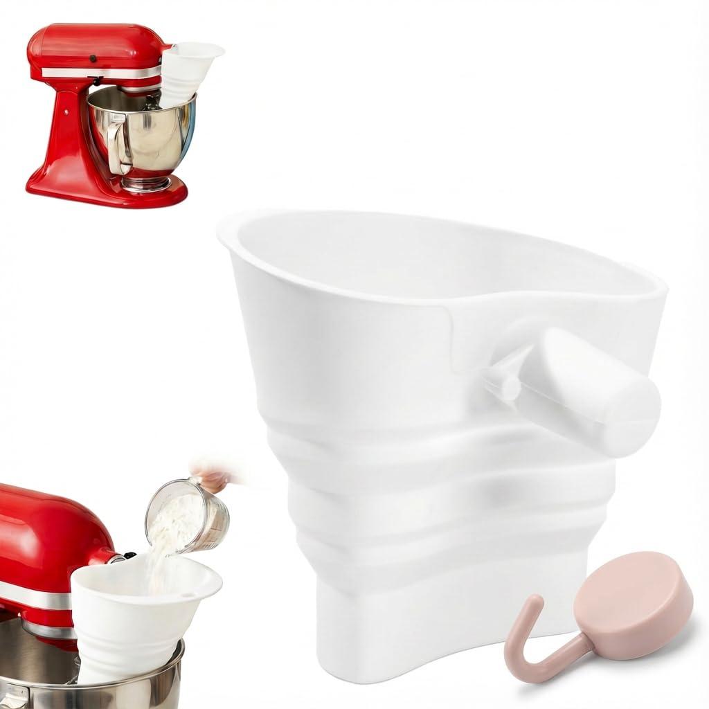 Flour Funnel for Kitchen Aid Mixer, Silicone Pouring Chute Attachment for Kitchen Aid Artisan 5 Qt Tilt-Head (KSM150), Foldable Mess-Free Baking Accessory for Flour and Liquid