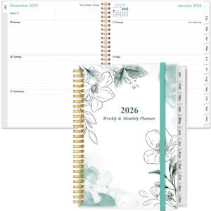 2 x 2026 Planner - Planner 2026 from January 2026 to December 2026 with 12 Monthly Tabs, Flexible Cover, Inner Pocket, 8.5" x 11", Teal Flowers