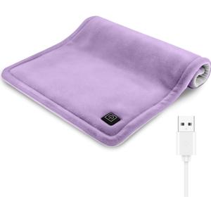 USB Plug-in Heating Pad for Travel Warmth Outdoors, Non-Rechargeable Small Heated Pad 5V Heat Therapy for Pain Relief Abdomen Cramps, 3 Heat Settings & Auto Shut Off (12"x 16") Purple