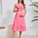 KOJOOIN Womens Maternity Short Sleeve Sweetheart Neck Summer Casual Smocked Boho Drawstring Maxi Dress Photoshoot Baby Shower Pink L (Pink, L)