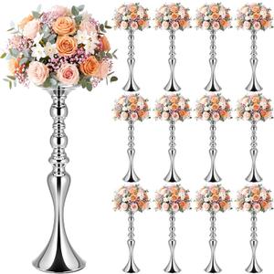 Sadnyy 12 Pcs Sliver Metal Flower Arrangements Stand Tall Wedding Centerpiece Stand Table Decor Flower Vase for Wedding Reception Event Party Dinner Home Decor(16.9 Inch)