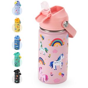Kids Water Bottle 14oz with Silicone Straw Lid - Insulated Toddler Water Bottle Stainless Steel Keeps Cold 24H, Leak Proof & Unicorn Rainbow Prints Girls Design | Custom Name Tag for School, Pink