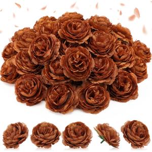 50 Pcs Artificial Flowers, 3.2 Inches Silk Rose Head Flowers Fake No Stem for Wedding Bridal Bouquet Home Floral Decor DIY Centerpieces Arrangements Party Tables Decorations(Coffee) (Brown)